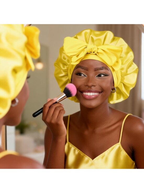 〽️Women Yellow Double Layer Hair Wrap Reduce Friction Prevent Frizz Satin Bonnet